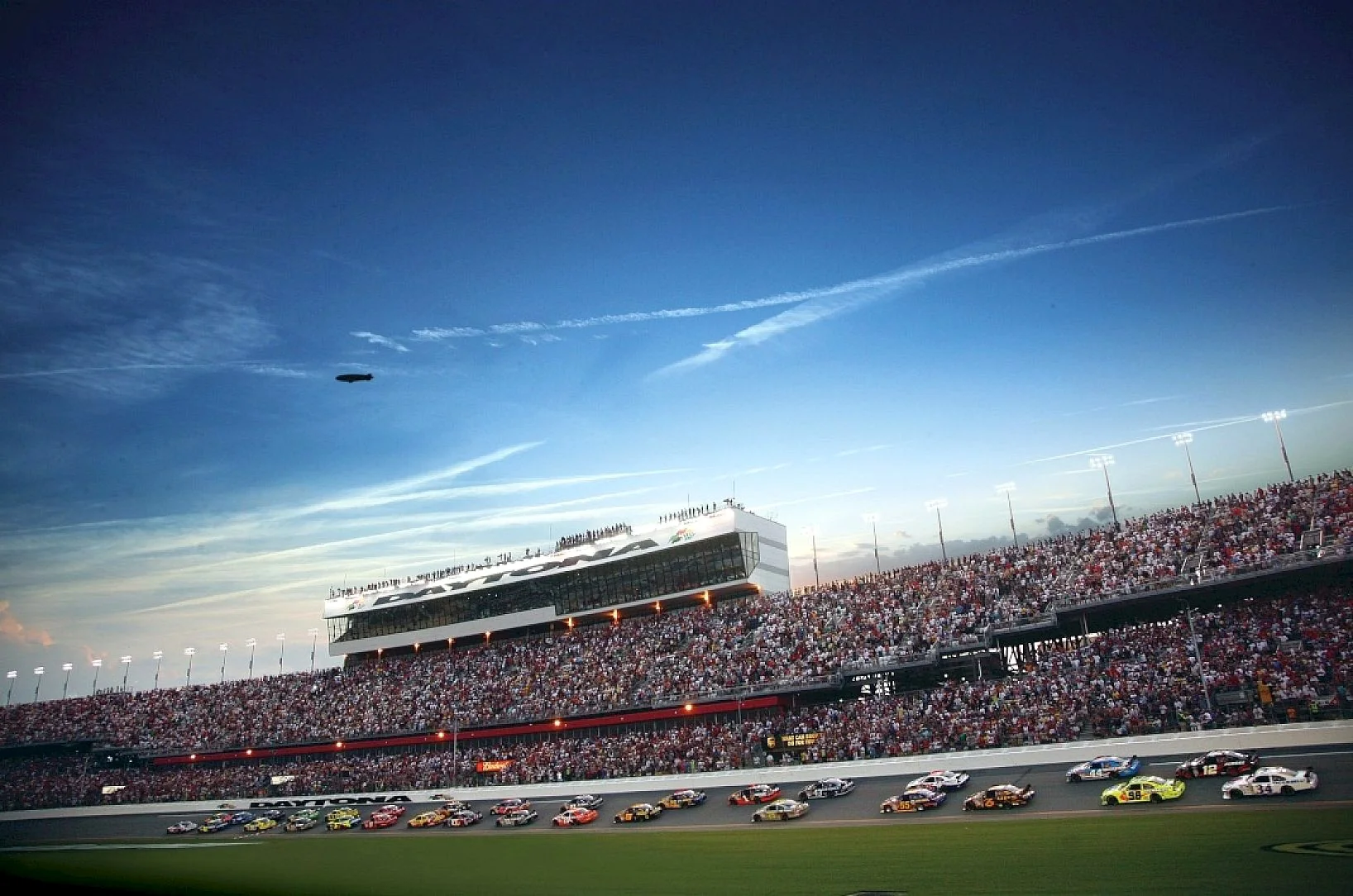 Daytona International Speedway grandstands at sunset